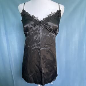 Women's Black Satin Lace Chemise Nightgown Lace Trim Sleeveless Adjustable Strap